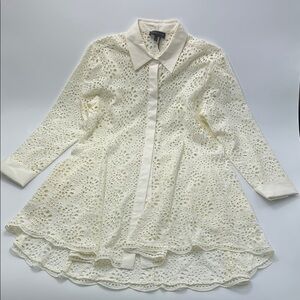 Donna Karan Eyelet Lace Shirt Dress Medium Coton Long Sleeve Elegant See Through
